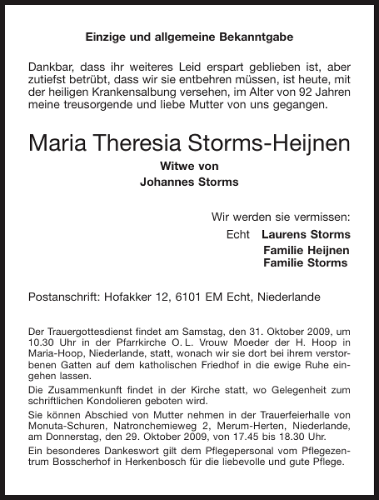 Traueranzeigen Von Maria Theresia Storms Heijnen Aachen Gedenkt