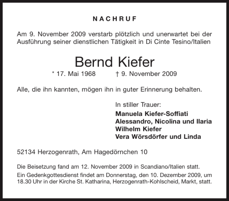 Traueranzeigen Von Bernd Kiefer Aachen Gedenkt