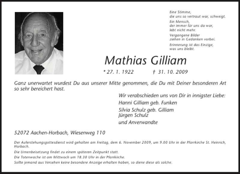 Traueranzeigen Von Mathias Gilliam Aachen Gedenkt