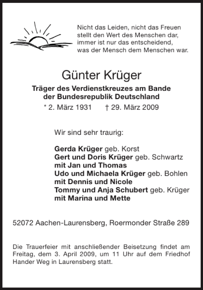 Traueranzeigen von Günter Krüger Aachen gedenkt