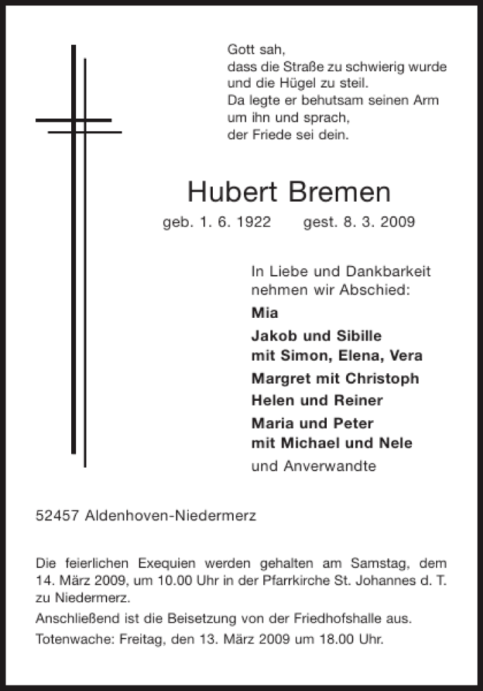 Traueranzeigen Von Hubert Bremen Aachen Gedenkt