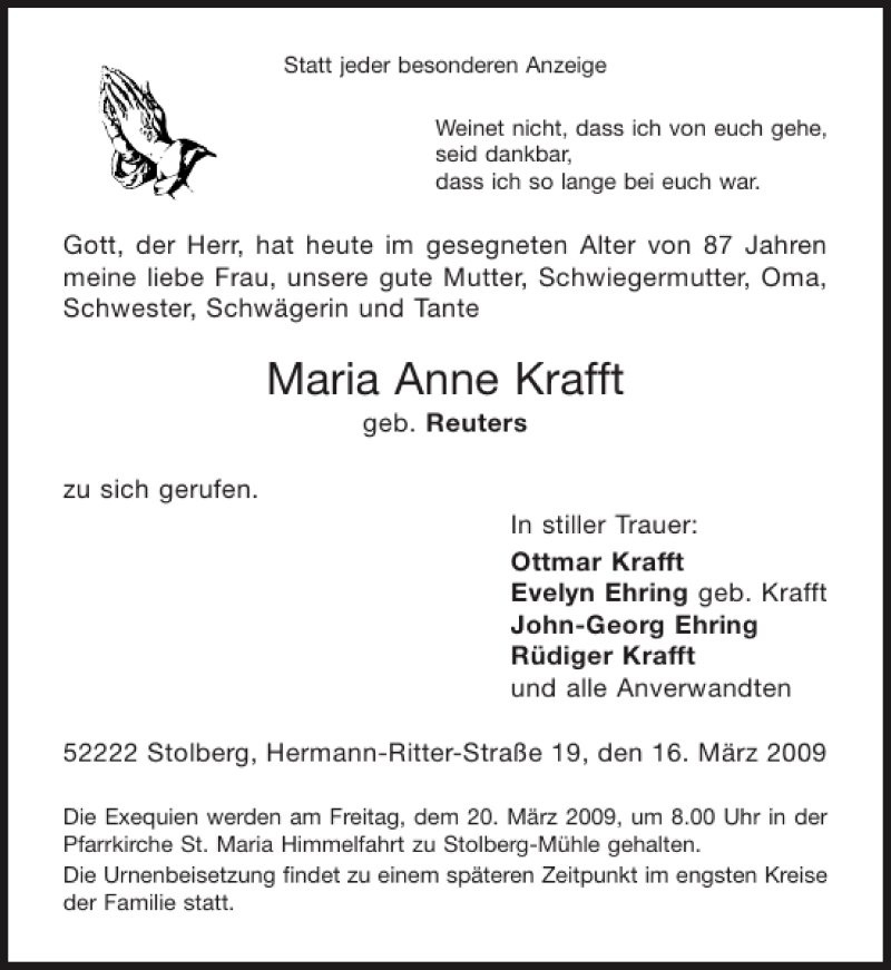 Traueranzeigen Von Maria Anne Krafft Aachen Gedenkt