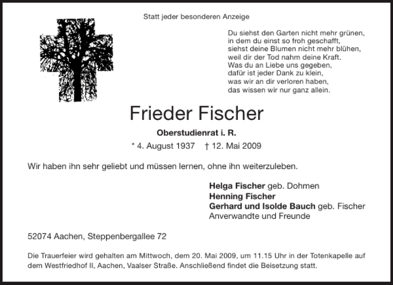 Traueranzeigen Von Frieder Fischer Aachen Gedenkt