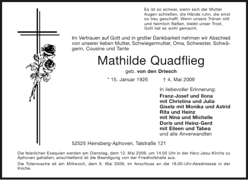 Traueranzeigen Von Mathilde Quadflieg Aachen Gedenkt