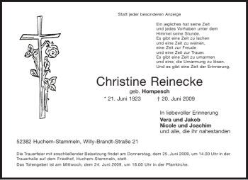 Traueranzeigen Von Christine Reinecke Aachen Gedenkt