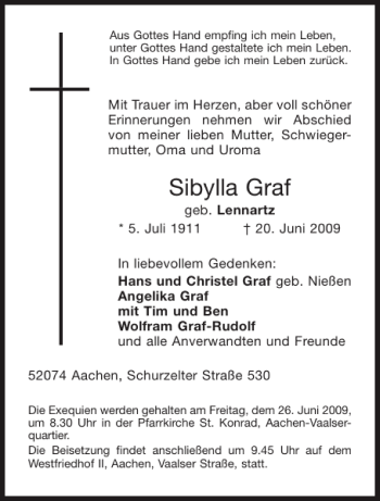 Traueranzeigen Von Sibylla Graf Aachen Gedenkt