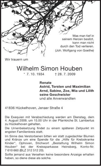 Traueranzeigen Von Wilhelm Simon Houben Aachen Gedenkt