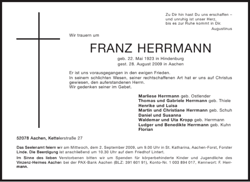 Traueranzeigen Von Franz Herrmann Aachen Gedenkt