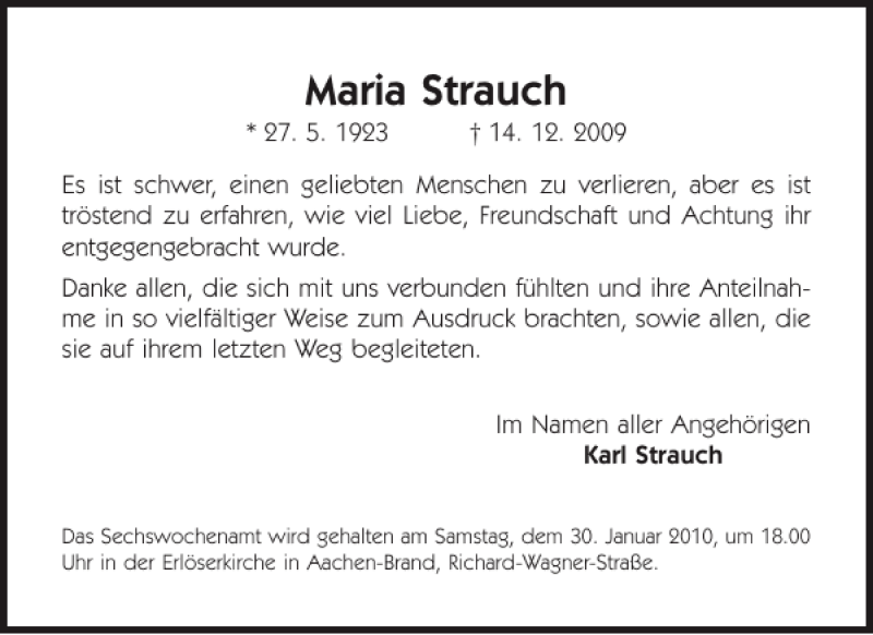 Traueranzeigen Von Maria Strauch Aachen Gedenkt