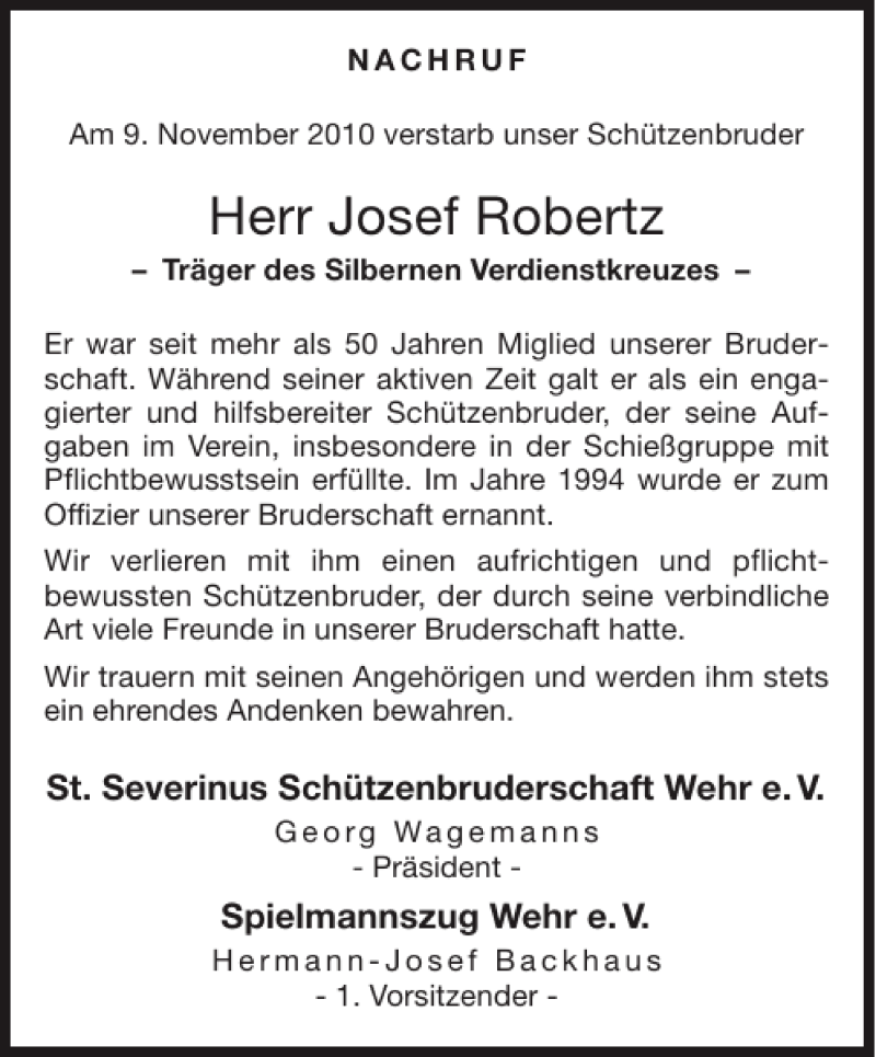 Traueranzeigen Von Josef Robertz Aachen Gedenkt