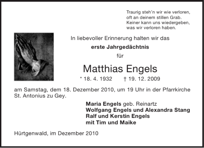 Traueranzeigen Von Matthias Engels Aachen Gedenkt