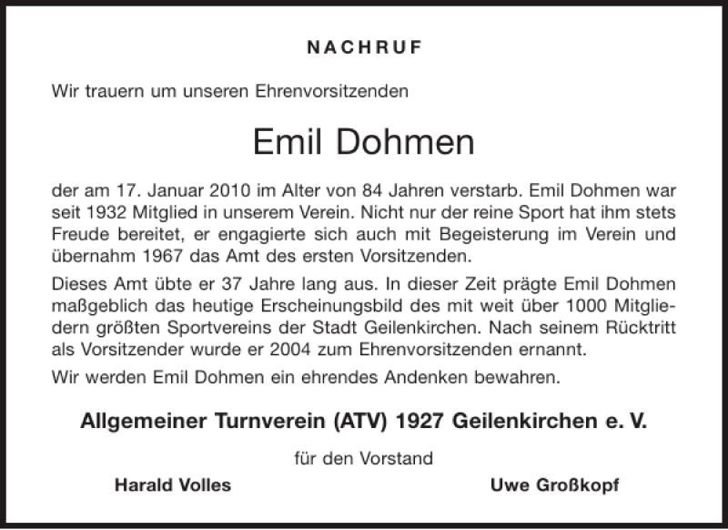 Traueranzeigen Von Emil Dohmen Aachen Gedenkt