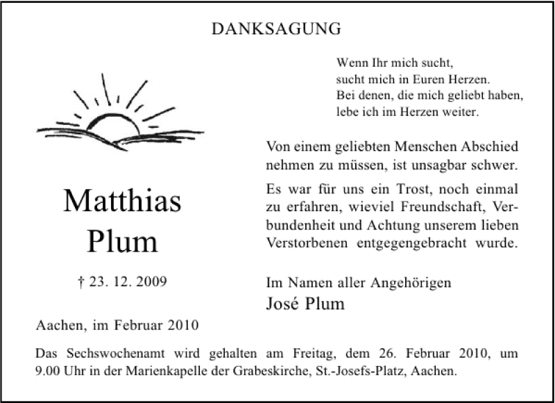 Traueranzeigen Von Matthias Plum Aachen Gedenkt