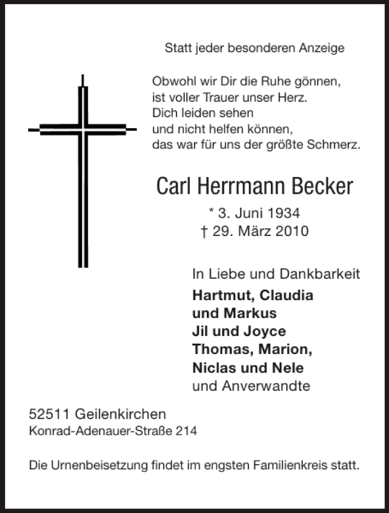 Traueranzeigen Von Carl Herrmann Becker Aachen Gedenkt