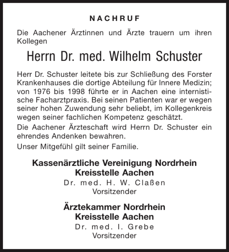 Traueranzeigen Von Dr Med Wilhelm Schuster Aachen Gedenkt