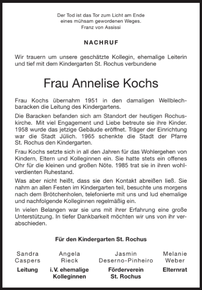 Traueranzeigen Von Frau Annelise Kochs Aachen Gedenkt