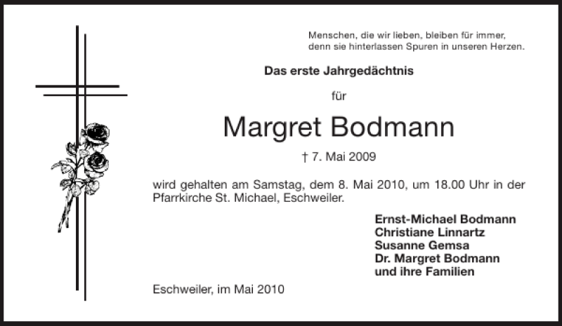 Traueranzeigen Von Margret Bodmann Aachen Gedenkt