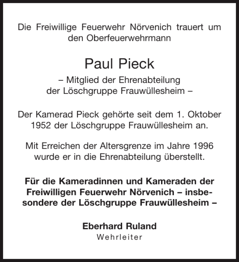 Traueranzeigen Von Paul Pieck Aachen Gedenkt