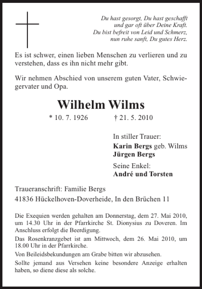 Traueranzeigen Von Wilhelm Wilms Aachen Gedenkt