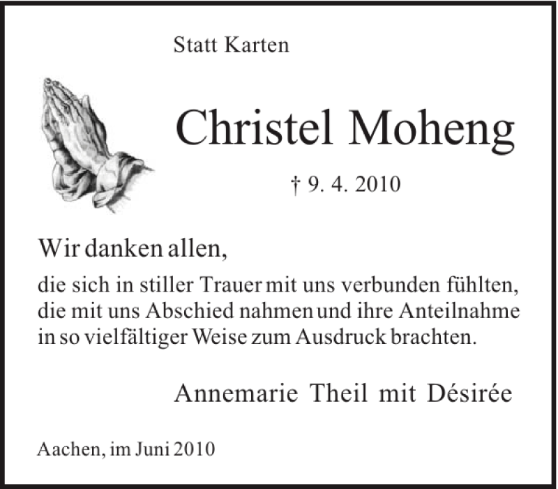 Traueranzeigen Von Christel Moheng Aachen Gedenkt