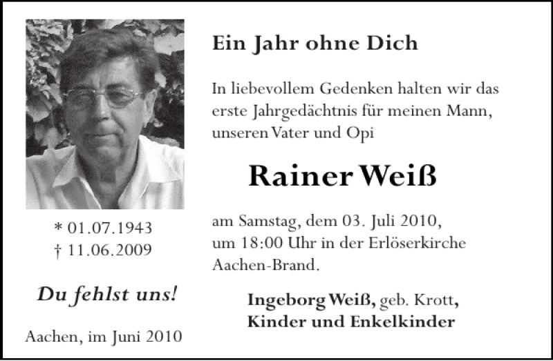 Traueranzeigen Von Rainer Wei Aachen Gedenkt