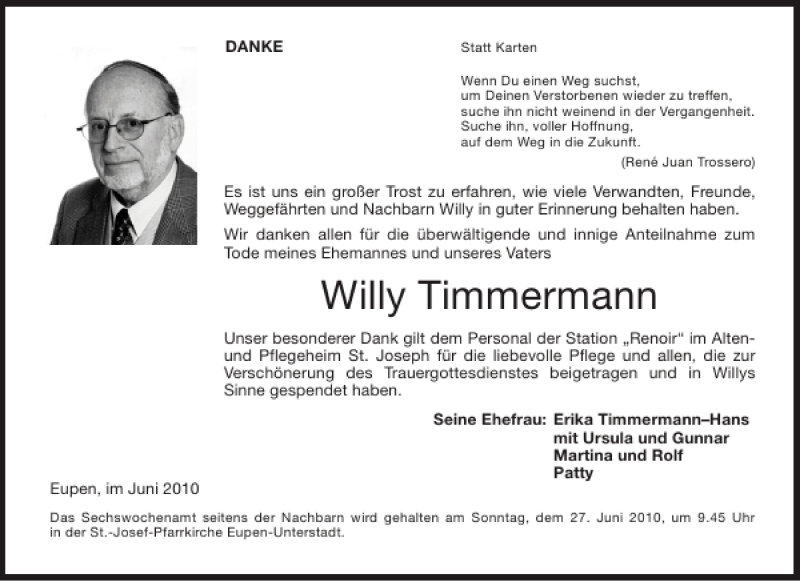 Traueranzeigen Von Willy Timmermann Aachen Gedenkt