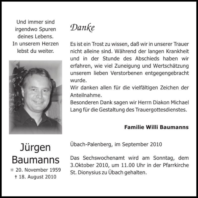 Traueranzeigen von Jürgen Baumanns Aachen gedenkt