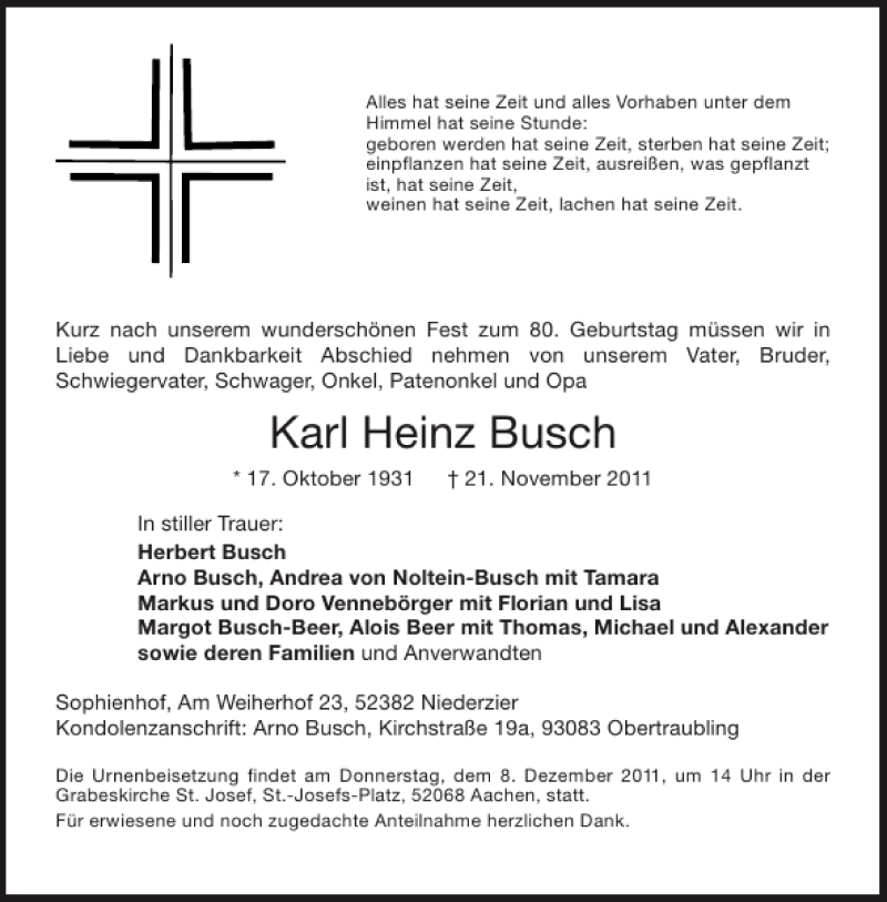 Traueranzeigen Von Karl Heinz Busch Aachen Gedenkt