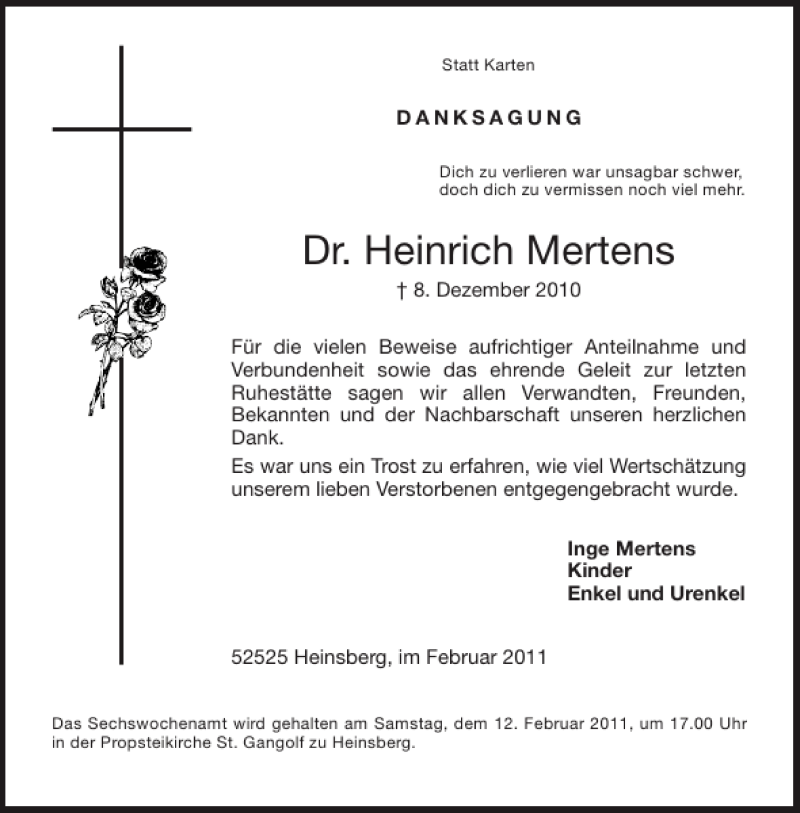 Traueranzeigen Von Dr Heinrich Mertens Aachen Gedenkt