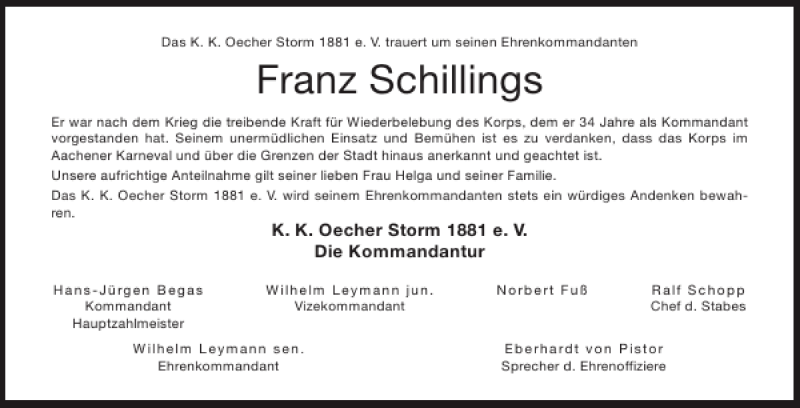 Traueranzeigen Von Franz Schillings Aachen Gedenkt