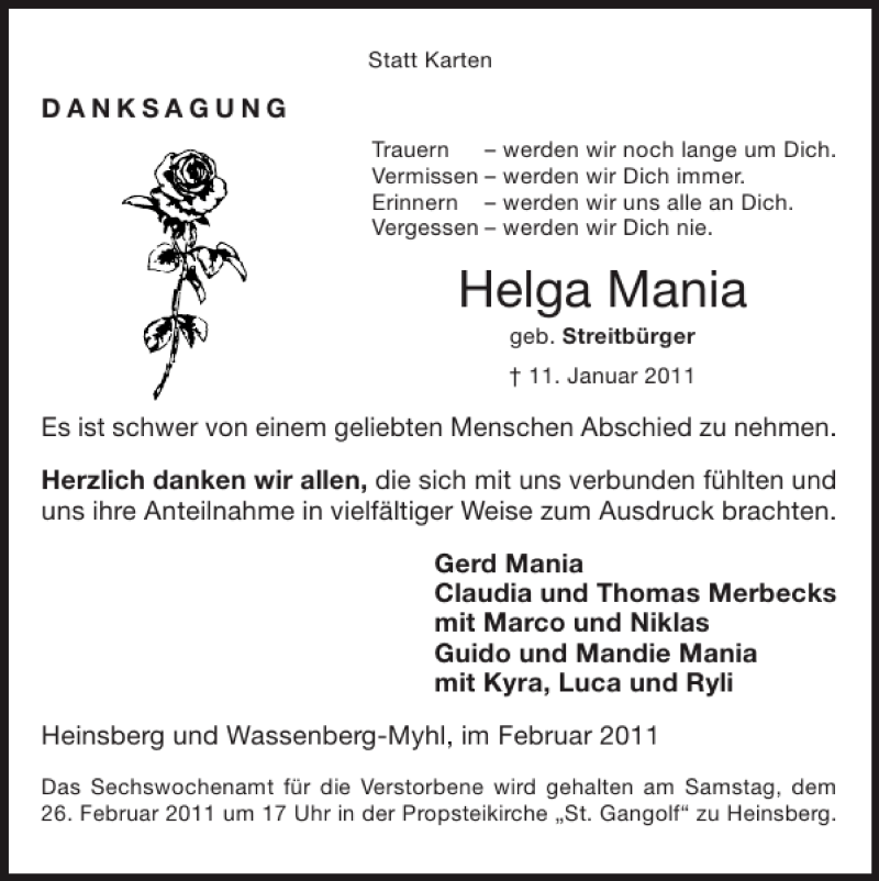 Traueranzeigen Von Helga Mania Aachen Gedenkt