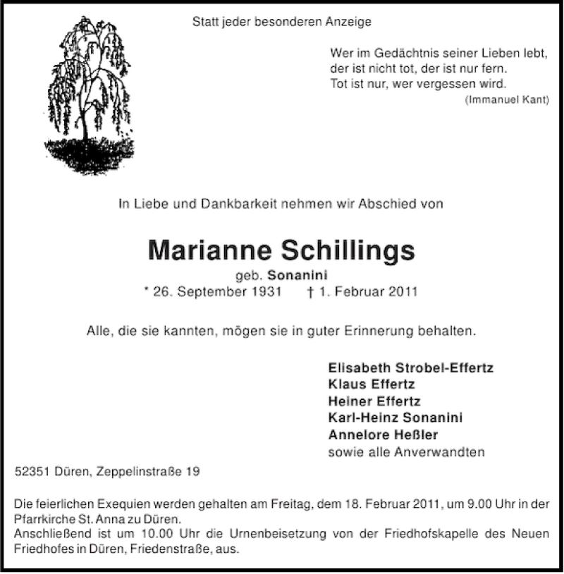 Traueranzeigen Von Marianne Schillings Aachen Gedenkt