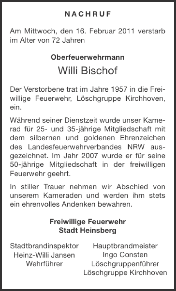 Traueranzeigen Von Willi Bischof Aachen Gedenkt