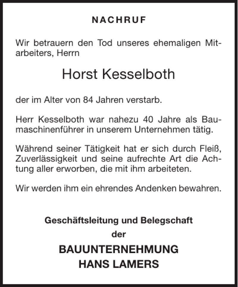 Traueranzeigen Von Horst Kesselboth Aachen Gedenkt