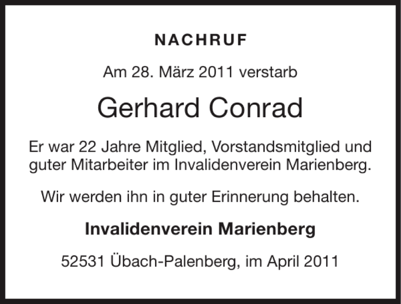 Traueranzeigen Von Gerhard Conrad Aachen Gedenkt