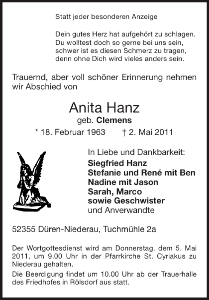 Traueranzeigen Von Anita Hanz Aachen Gedenkt