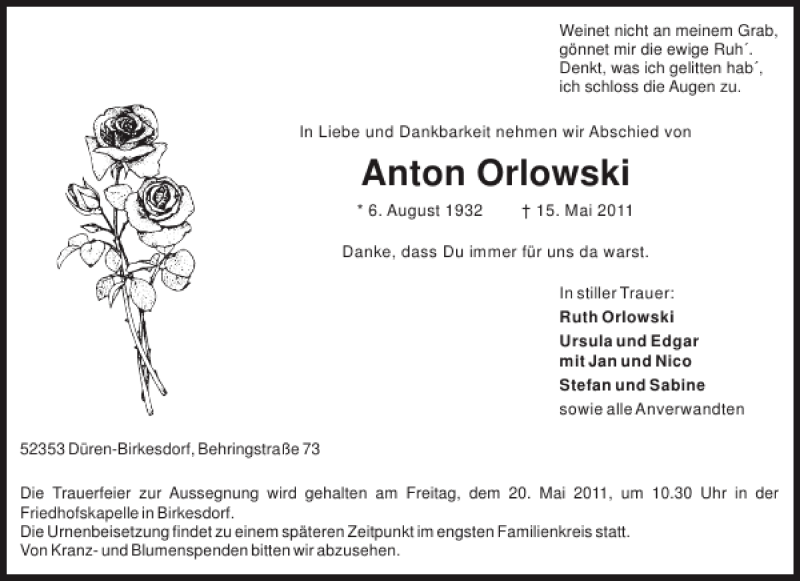 Traueranzeigen Von Anton Orlowski Aachen Gedenkt