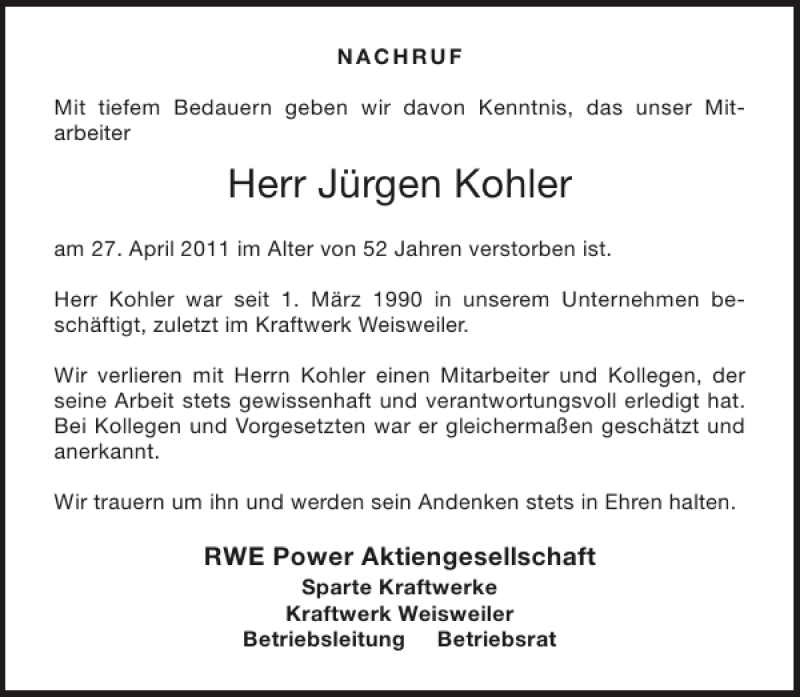 Traueranzeigen Von J Rgen Kohler Aachen Gedenkt