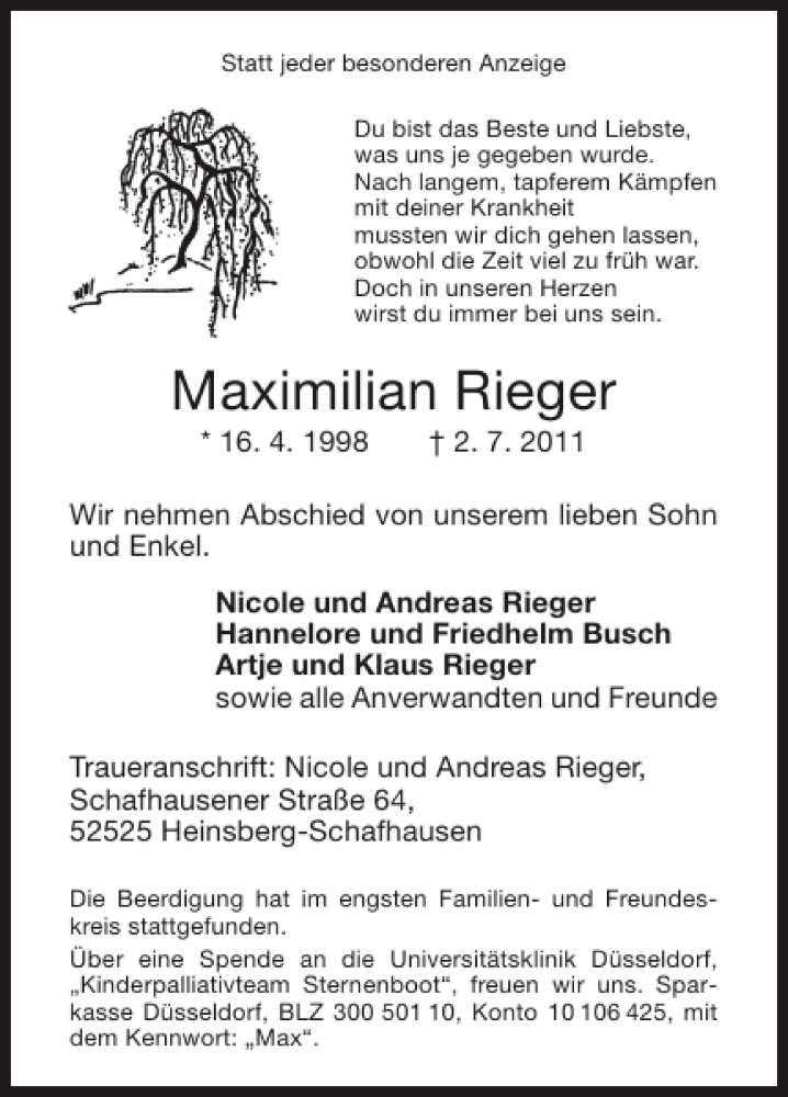 Traueranzeigen Von Maximilian Rieger Aachen Gedenkt