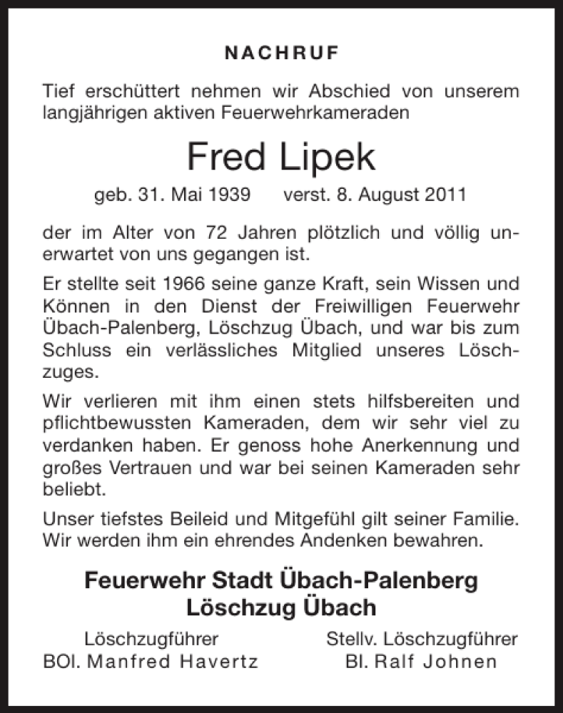 Traueranzeigen Von Fred Lipek Aachen Gedenkt