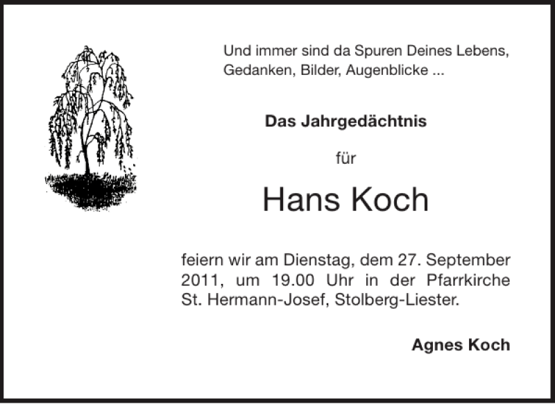 Traueranzeigen Von Hans Koch Aachen Gedenkt