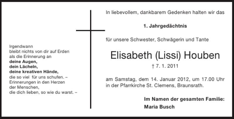 Traueranzeigen Von Elisabeth Lissi Houben Aachen Gedenkt