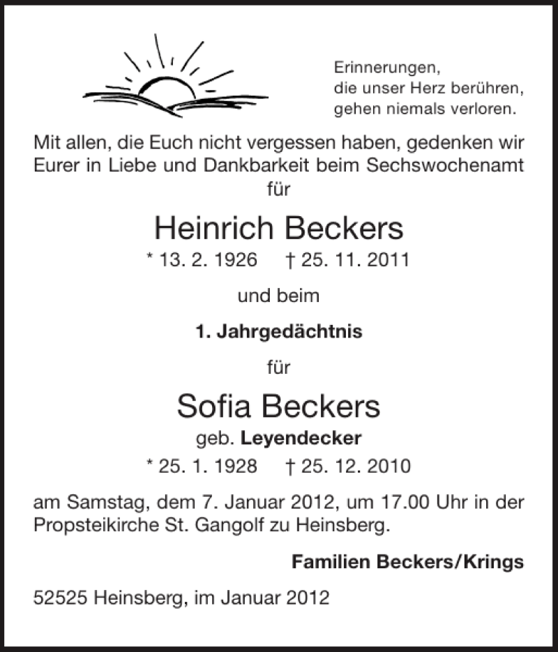 Traueranzeigen Von Heinrich Beckers Sofia Beckers Aachen Gedenkt