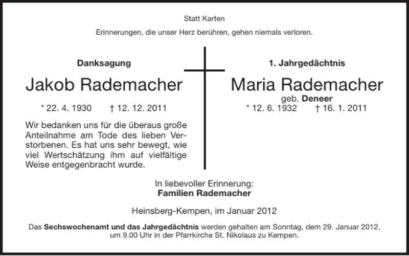 Traueranzeigen Von Jakob Rademacher Maria Rademacher Aachen Gedenkt