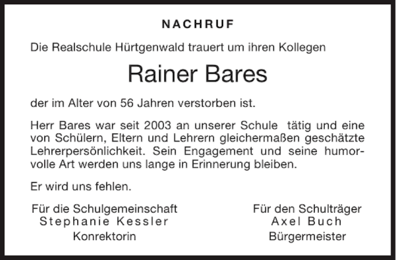 Traueranzeigen Von Rainer Bares Aachen Gedenkt