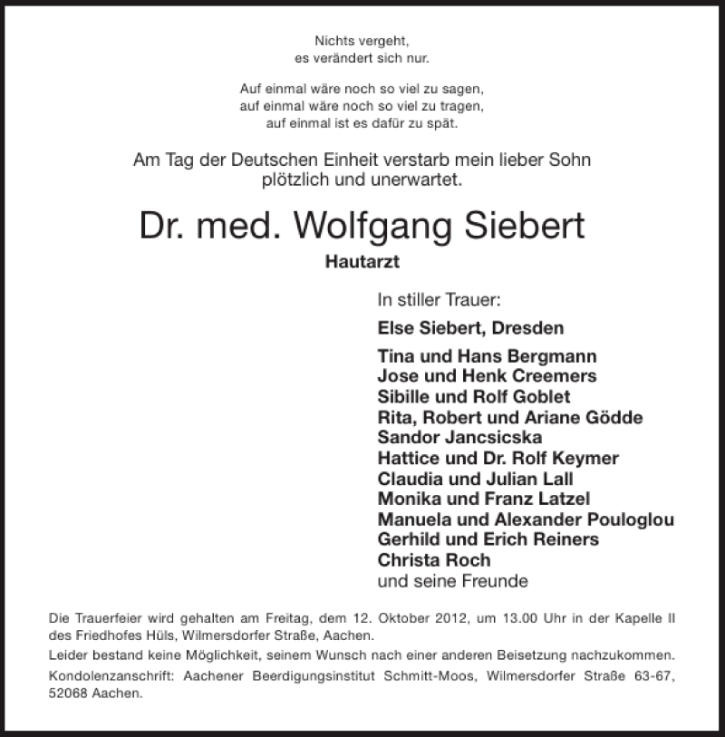 Traueranzeigen Von Dr Med Wolfgang Siebert Aachen Gedenkt