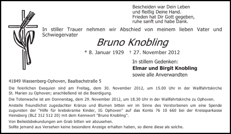 Traueranzeigen Von Bruno Knobling Aachen Gedenkt