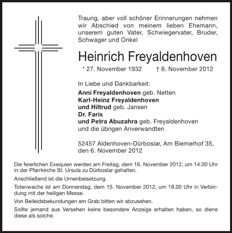 Traueranzeigen Von Heinrich Freyaldenhoven Aachen Gedenkt