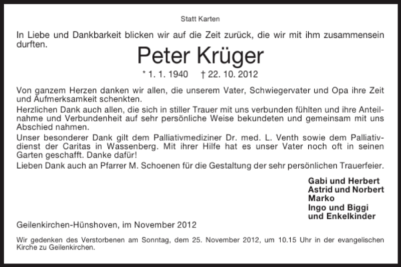 Traueranzeigen von Peter Krüger Aachen gedenkt