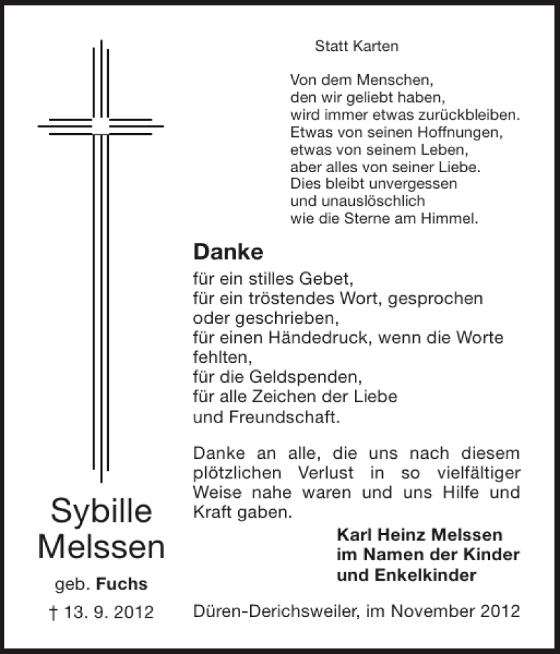 Traueranzeigen Von Sybille Melssen Aachen Gedenkt